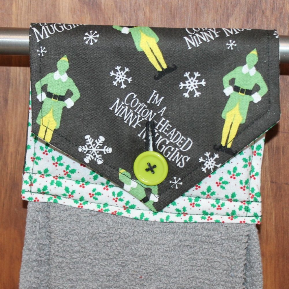 "ELF" THE MOVIE CHRISTMAS GRAY & GREEN HANDMADE HANGING KITCHEN GRAY HAND TOWEL